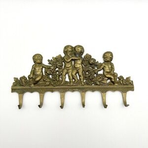 Vintage Brass Cherub Wall Hook Rack Ornate Angel Cupid Key Holder Jewelry Hook